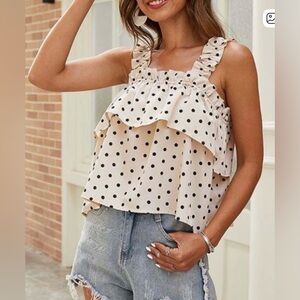🌸. SHEIN Black and cream Polka Dot Ruffle Top